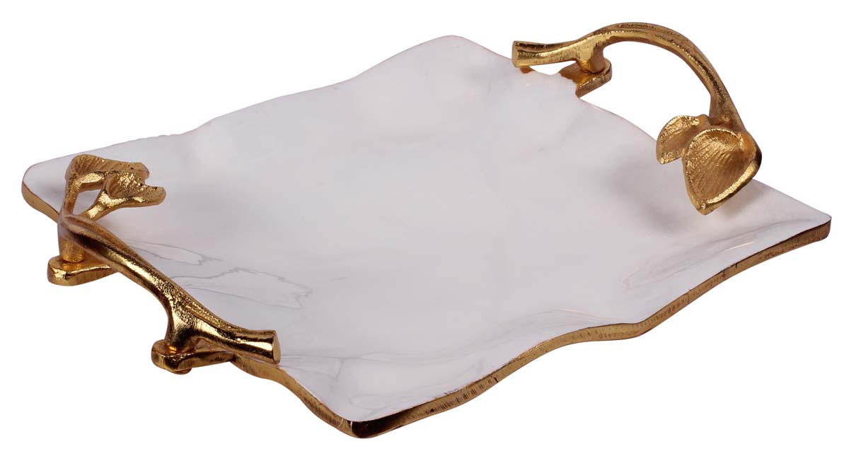 Buy in Bulk Wholesale Decorative Metal Tray 14.5” Hand-Enamelled with Leaf Handles - White Golden - Modern Home Decor